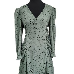 Vintage Zara Polka Dot Dress Long Sleeve Ruched V Neck  Green Mini Dress Size 12